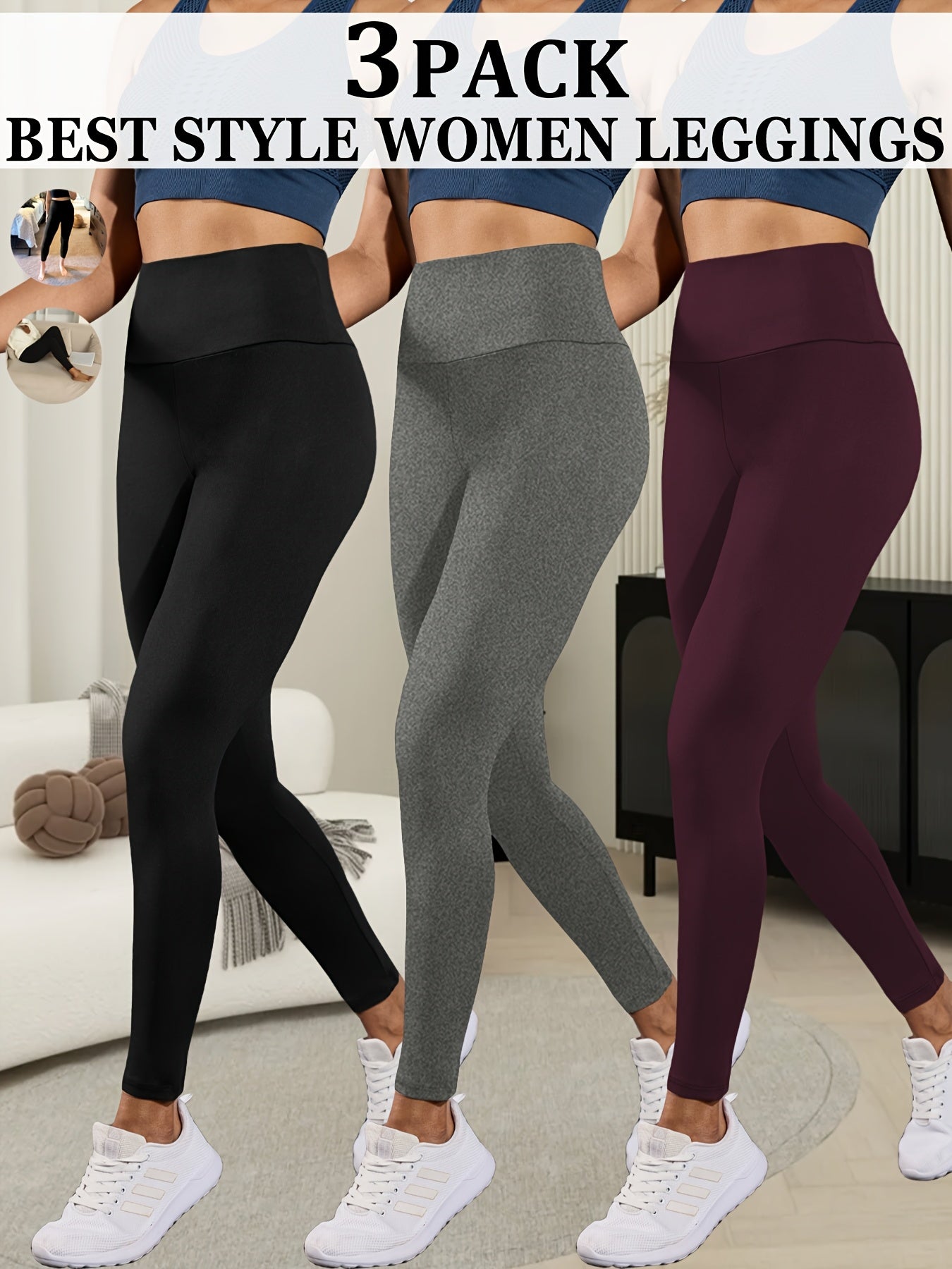 3pcs Ultra-Soft High-Waist Yoga Leggings for Women - Tummy Control, Non-See-Through Workout & Running Pants, Super Soft