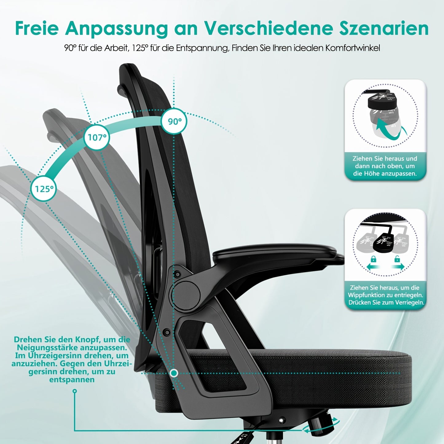 Mesh‑Rücken und Synchronmechanik ergonomischer Bürostuhl fürs Homeoffice,Lordosenstütze und Kopfstütze,
