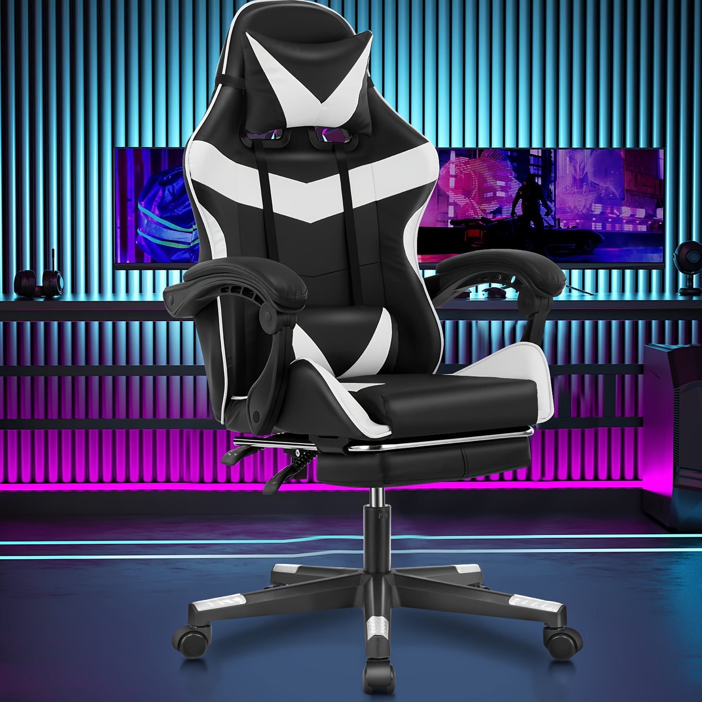 Ergonomischer Gaming-Stuhl mit Lendenkissen, Kopfstütze & Fußstütze – höhenverstellbarer Bürostuhl für Erwachsene, Jungen & Mädchen“