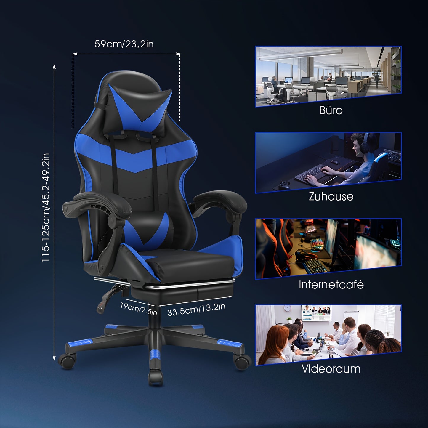 Ergonomischer Gaming-Stuhl mit Lendenkissen, Kopfstütze & Fußstütze – höhenverstellbarer Bürostuhl für Erwachsene, Jungen & Mädchen“