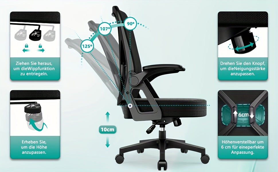 Mesh‑Rücken und Synchronmechanik ergonomischer Bürostuhl fürs Homeoffice,Lordosenstütze und Kopfstütze,