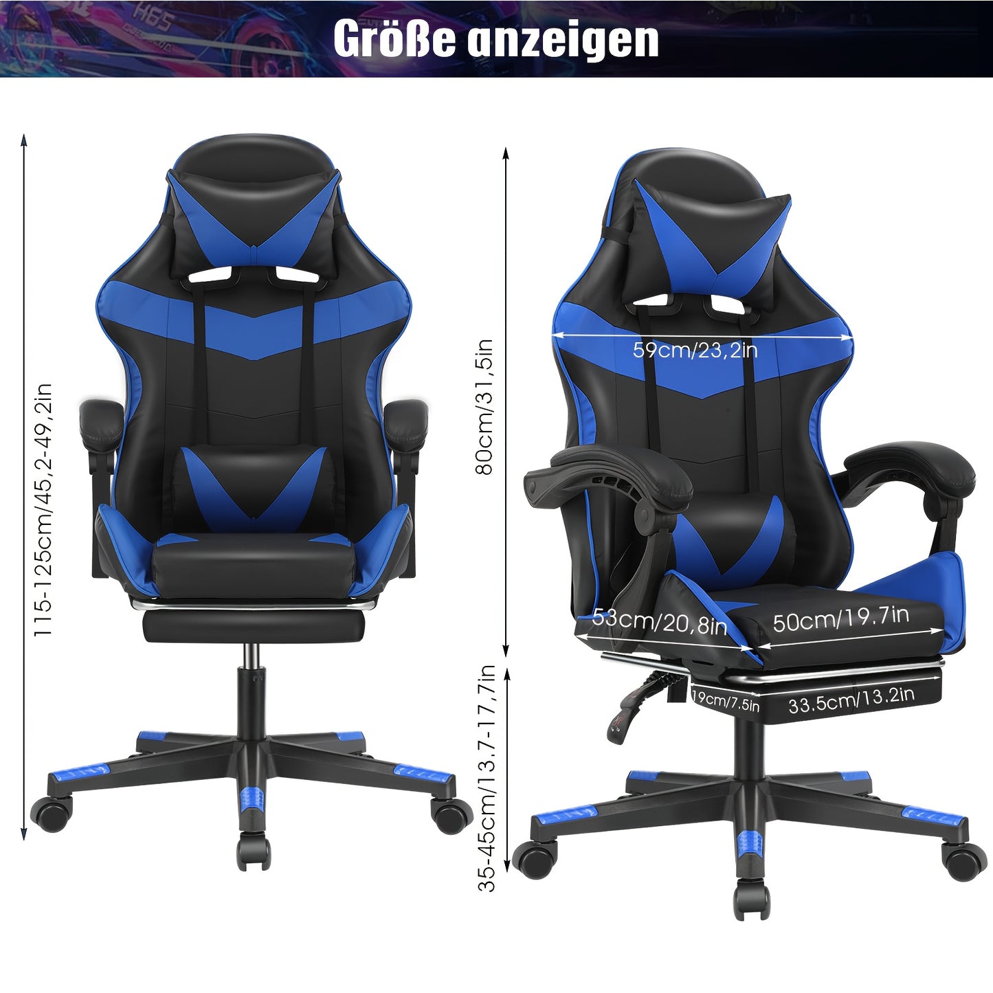 Ergonomischer Gaming-Stuhl mit Lendenkissen, Kopfstütze & Fußstütze – höhenverstellbarer Bürostuhl für Erwachsene, Jungen & Mädchen“