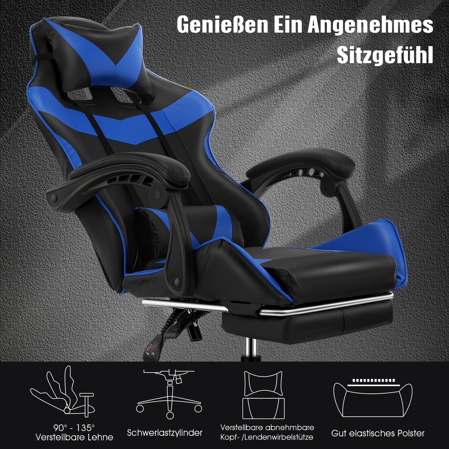 Ergonomischer Gaming-Stuhl mit Lendenkissen, Kopfstütze & Fußstütze – höhenverstellbarer Bürostuhl für Erwachsene, Jungen & Mädchen“