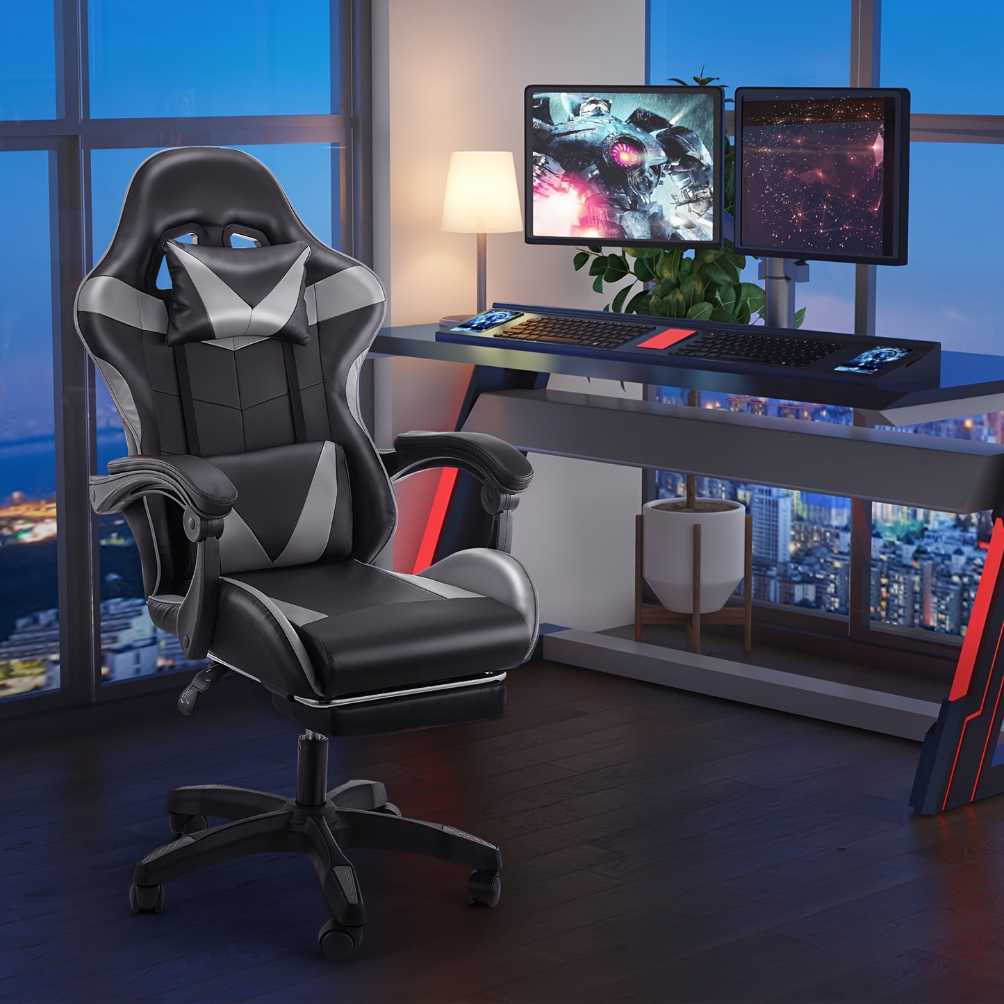 Ergonomischer Gaming-Stuhl mit Lendenkissen, Kopfstütze & Fußstütze – höhenverstellbarer Bürostuhl für Erwachsene, Jungen & Mädchen“