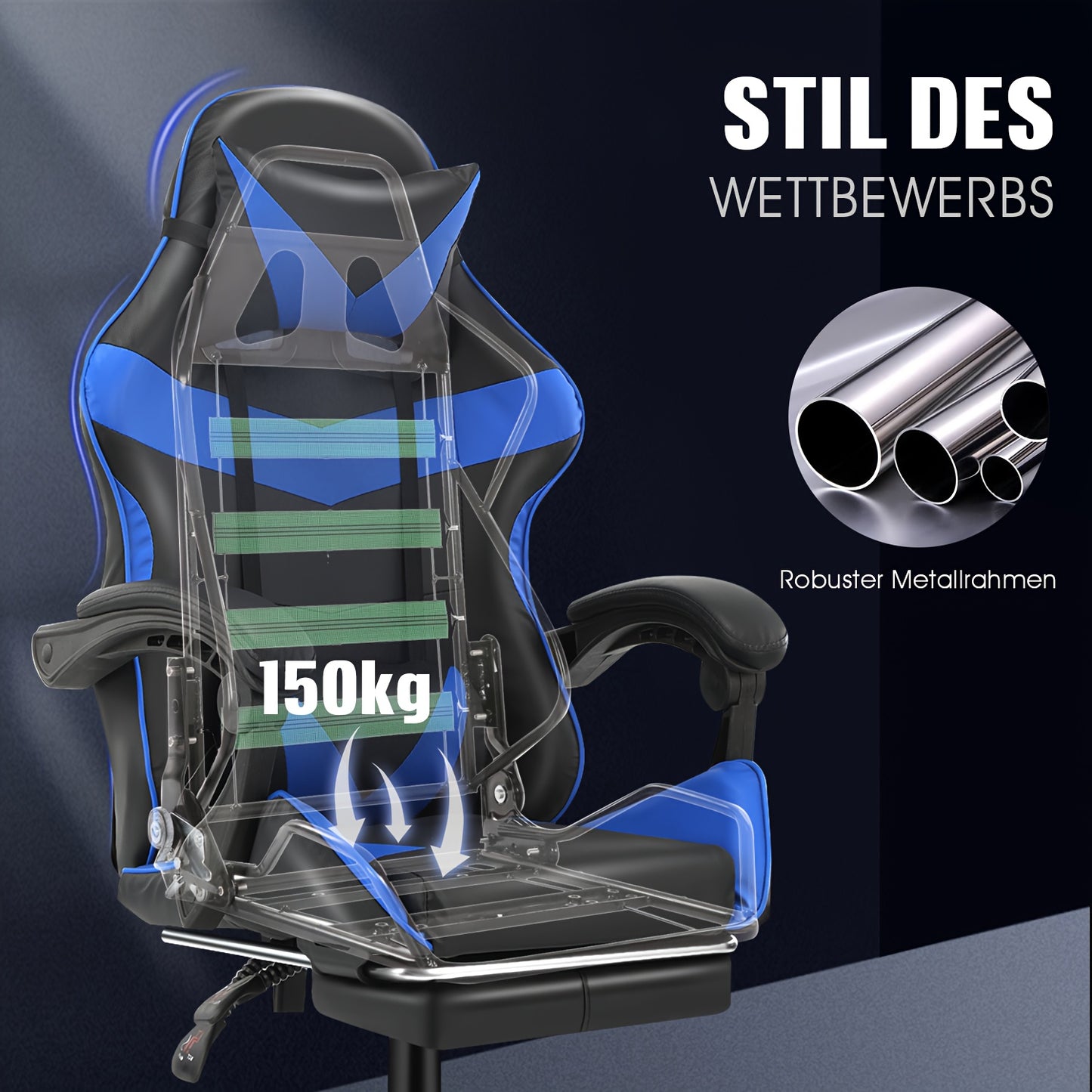 Ergonomischer Gaming-Stuhl mit Lendenkissen, Kopfstütze & Fußstütze – höhenverstellbarer Bürostuhl für Erwachsene, Jungen & Mädchen“