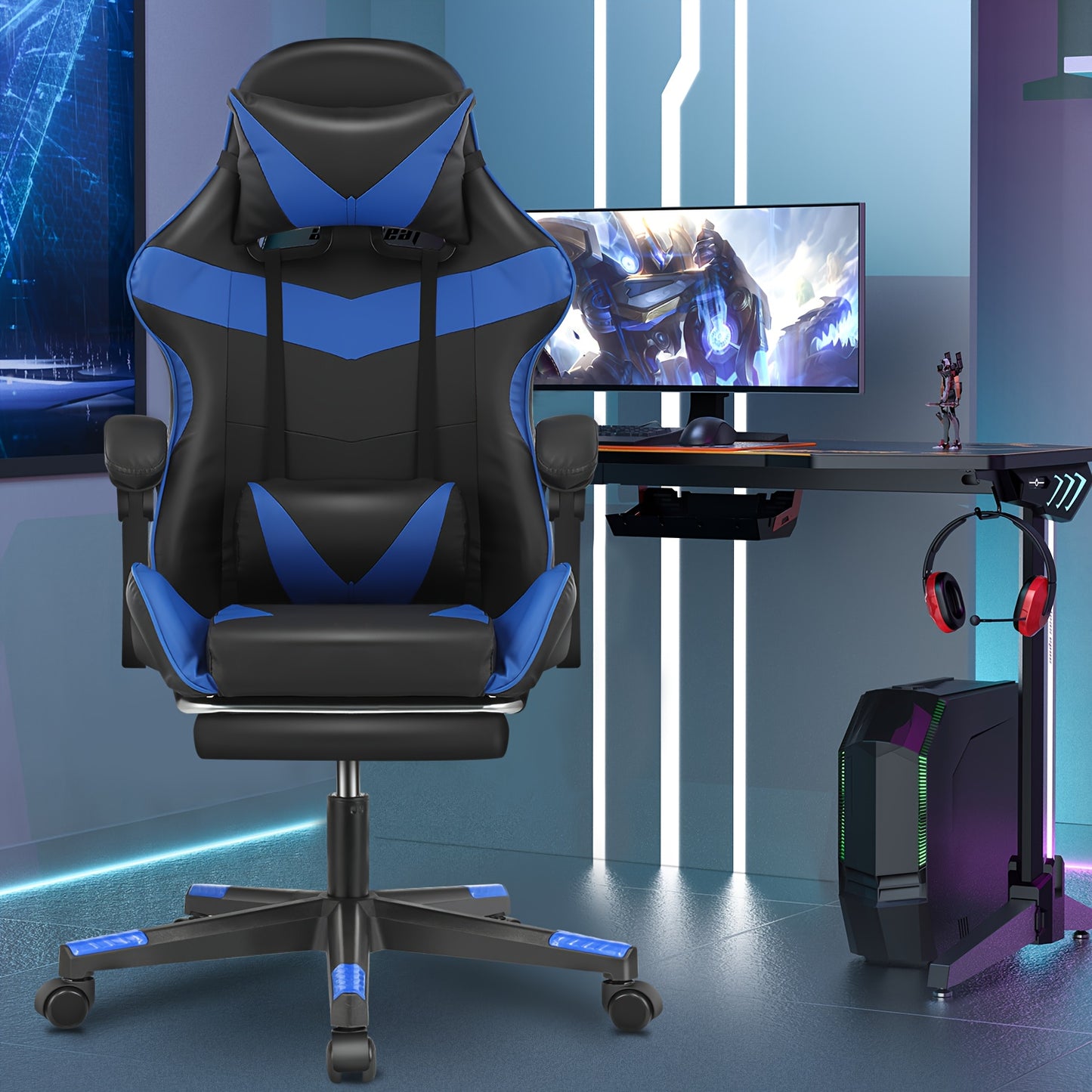 Ergonomischer Gaming-Stuhl mit Lendenkissen, Kopfstütze & Fußstütze – höhenverstellbarer Bürostuhl für Erwachsene, Jungen & Mädchen“