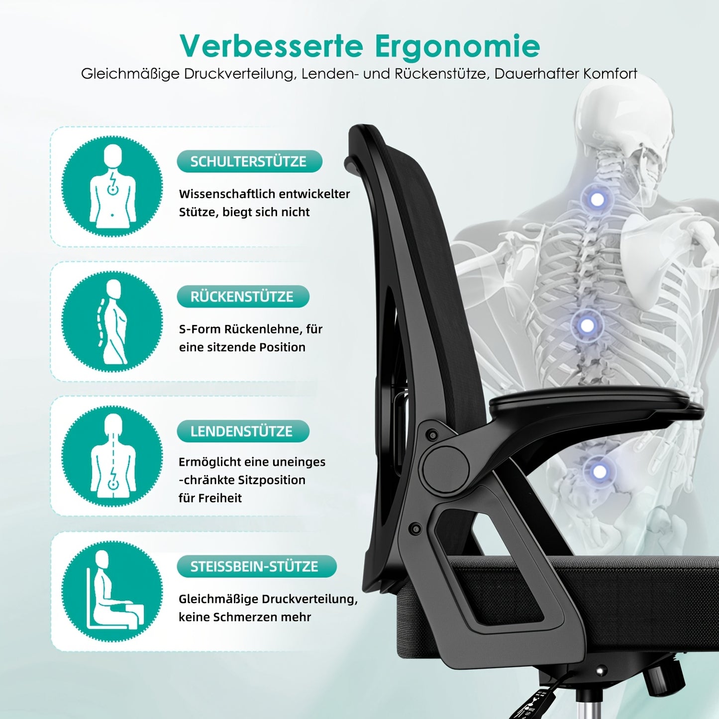 Mesh‑Rücken und Synchronmechanik ergonomischer Bürostuhl fürs Homeoffice,Lordosenstütze und Kopfstütze,