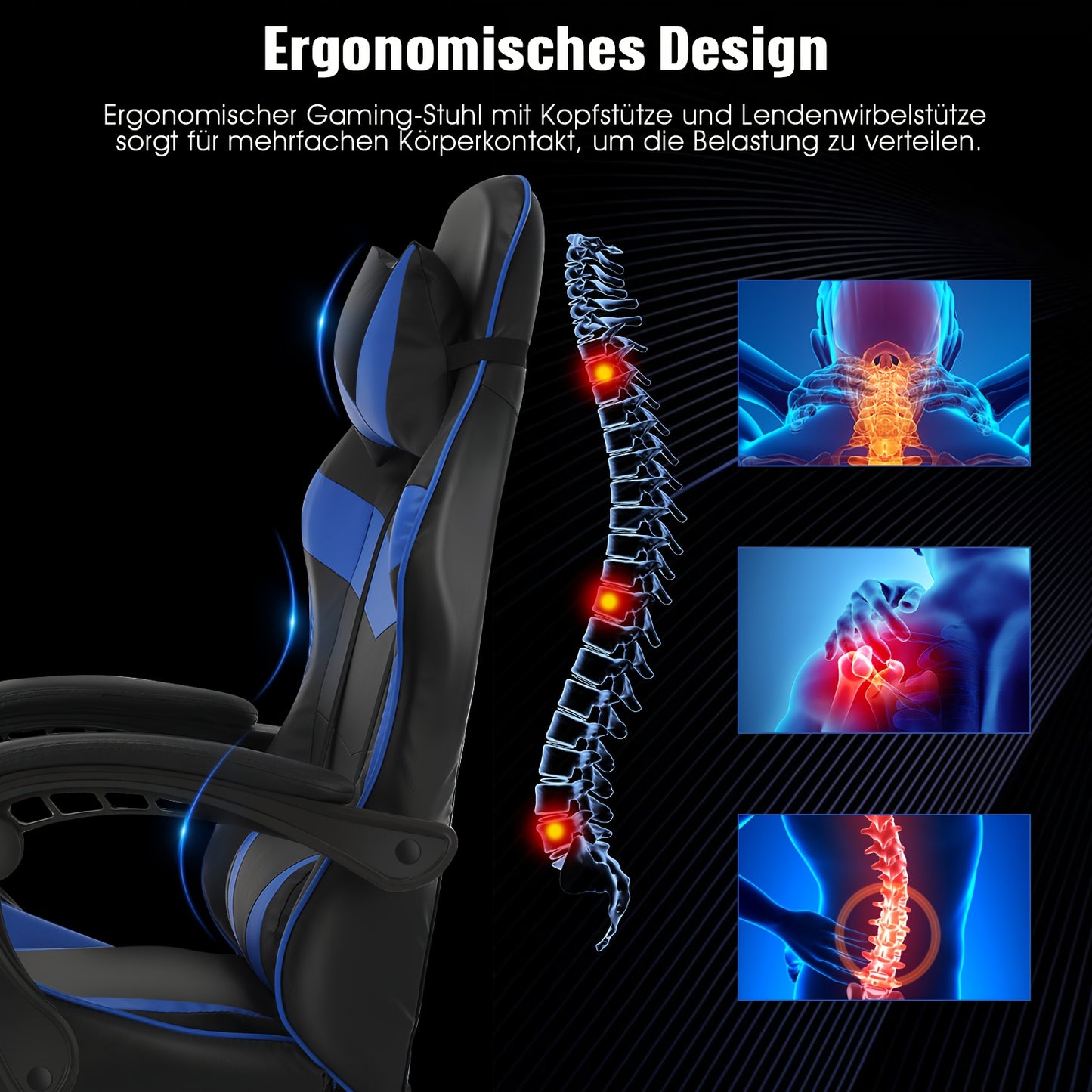 Ergonomischer Gaming-Stuhl mit Lendenkissen, Kopfstütze & Fußstütze – höhenverstellbarer Bürostuhl für Erwachsene, Jungen & Mädchen“