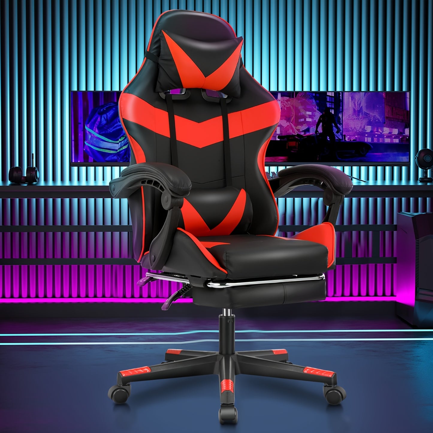 Ergonomischer Gaming-Stuhl mit Lendenkissen, Kopfstütze & Fußstütze – höhenverstellbarer Bürostuhl für Erwachsene, Jungen & Mädchen“